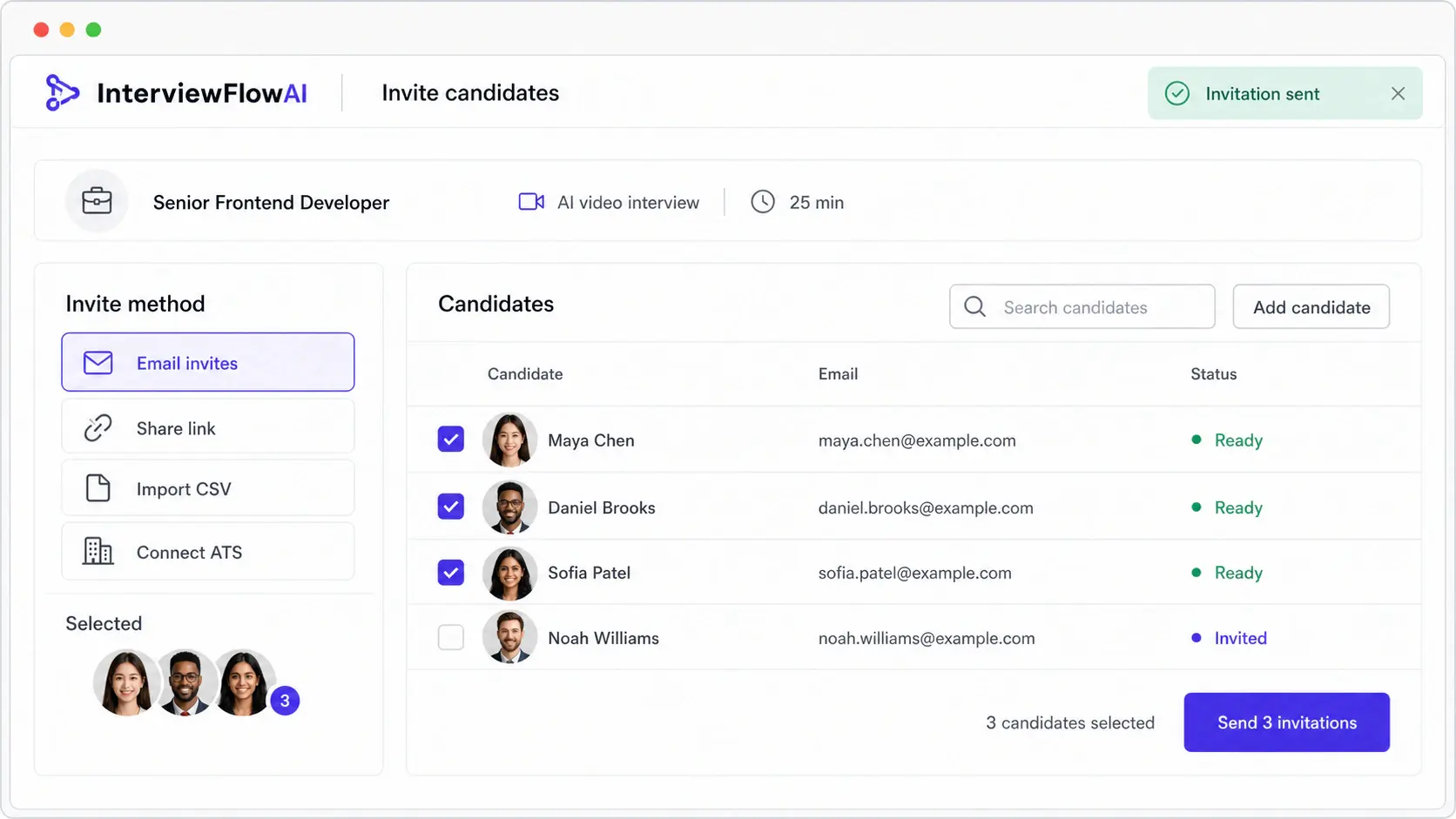 Interview invitation flowing from a recruiter to a candidate