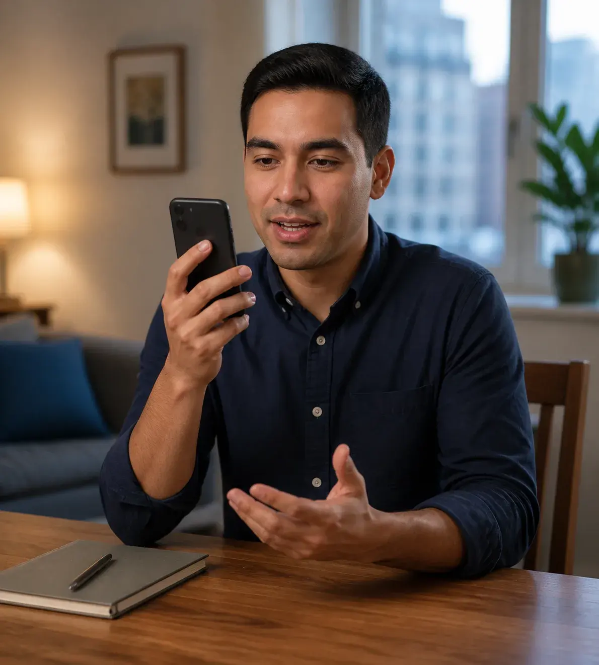 Candidate completing a flexible phone interview at home
